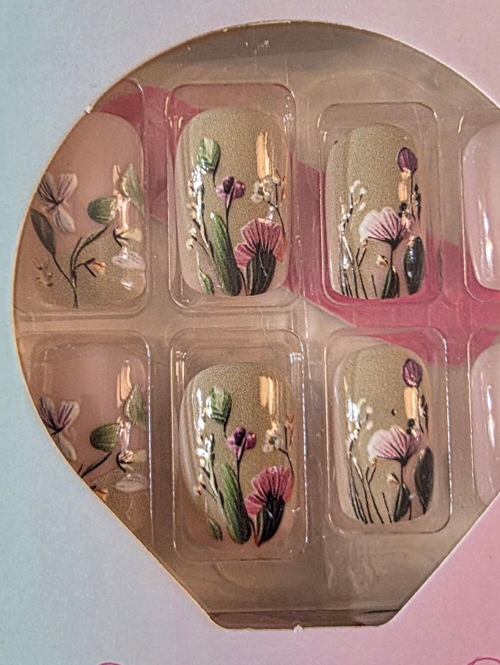 Floral Press-On Nails in Soft Beige with Pink & Green Accents